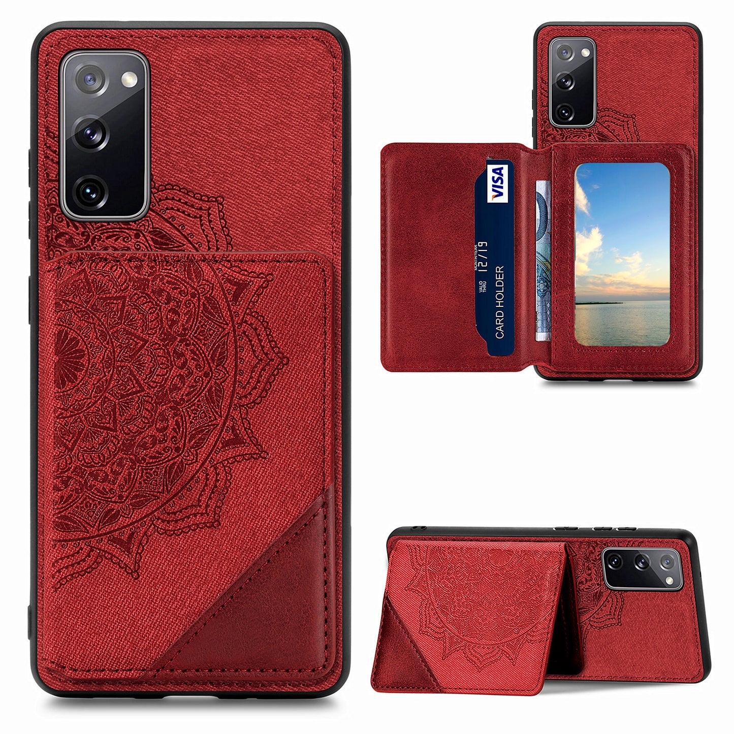 Mandala Flower Pattern PU Leather+TPU Flip Wallet Phone Case for Samsung Galaxy S20 FE 4G/FE 5G/S20 Lite/S20 FE 2022 - Red