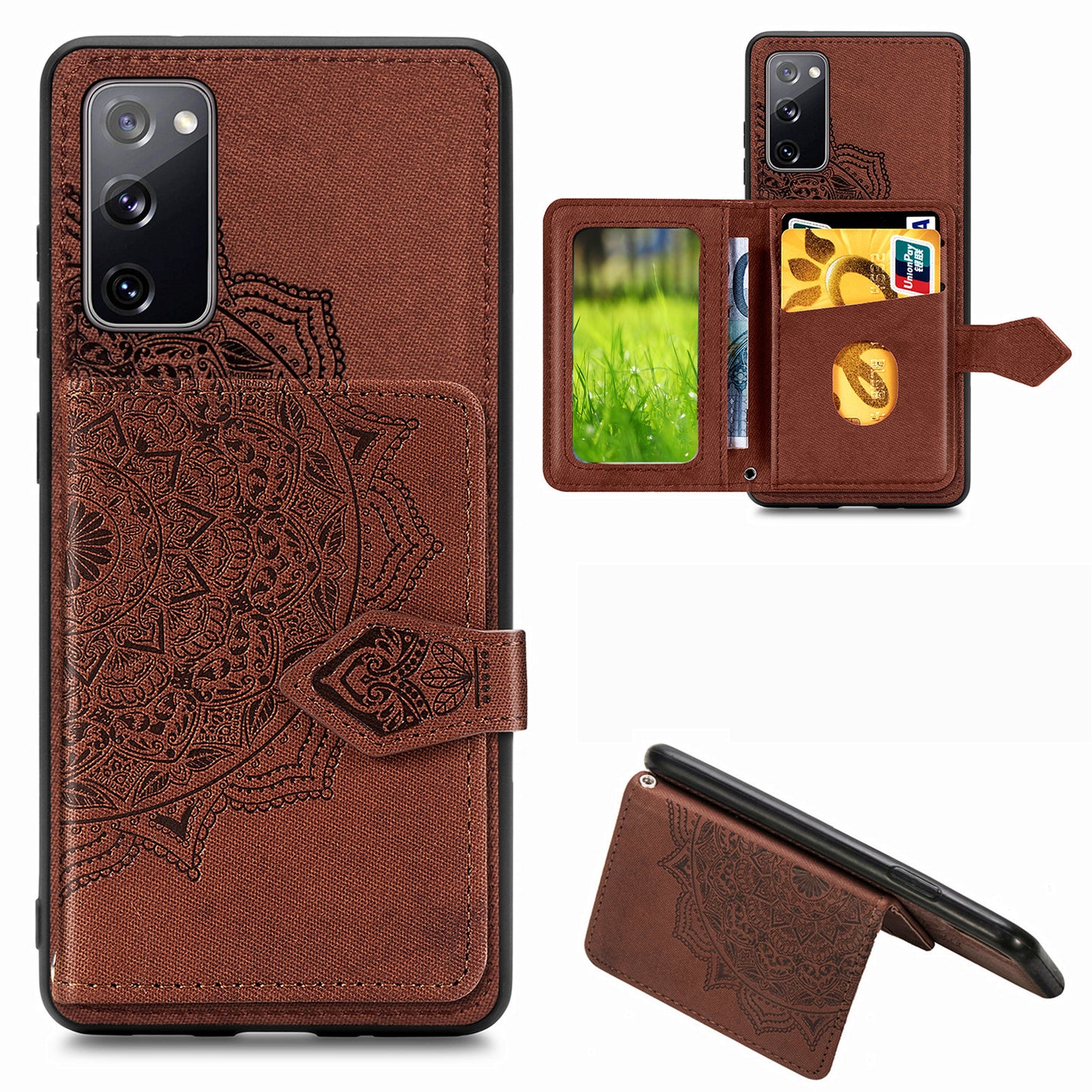 Card Slot Design PU Leather Coated TPU Phone Case with Kickstand and Strap for Samsung Galaxy S20 FE 4G/FE 5G/S20 Lite/S20 FE 2022 - Brown