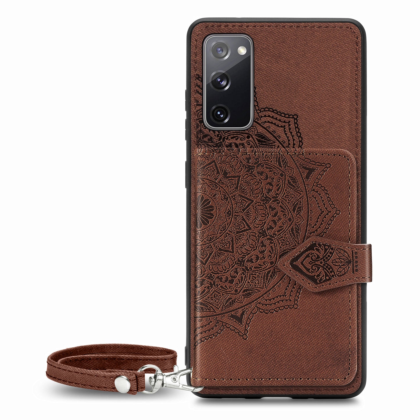 Card Slot Design PU Leather Coated TPU Phone Case with Kickstand and Strap for Samsung Galaxy S20 FE 4G/FE 5G/S20 Lite/S20 FE 2022 - Brown