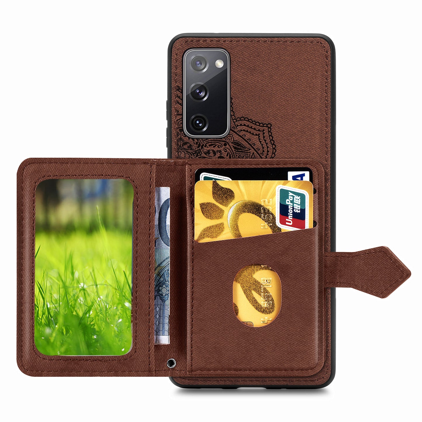 Card Slot Design PU Leather Coated TPU Phone Case with Kickstand and Strap for Samsung Galaxy S20 FE 4G/FE 5G/S20 Lite/S20 FE 2022 - Brown
