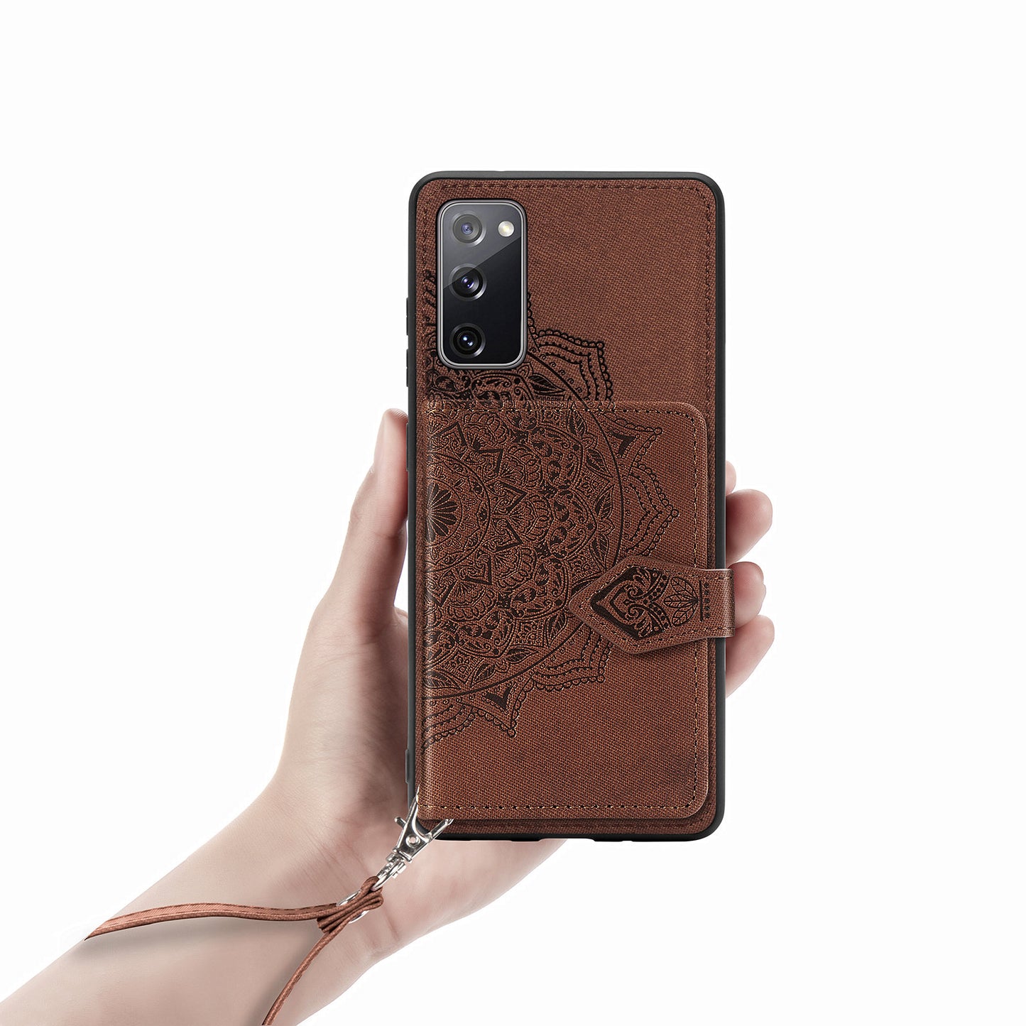 Card Slot Design PU Leather Coated TPU Phone Case with Kickstand and Strap for Samsung Galaxy S20 FE 4G/FE 5G/S20 Lite/S20 FE 2022 - Brown