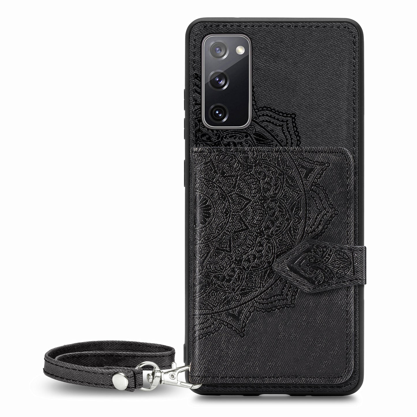 Card Slot Design PU Leather Coated TPU Phone Case with Kickstand and Strap for Samsung Galaxy S20 FE 4G/FE 5G/S20 Lite/S20 FE 2022 - Black