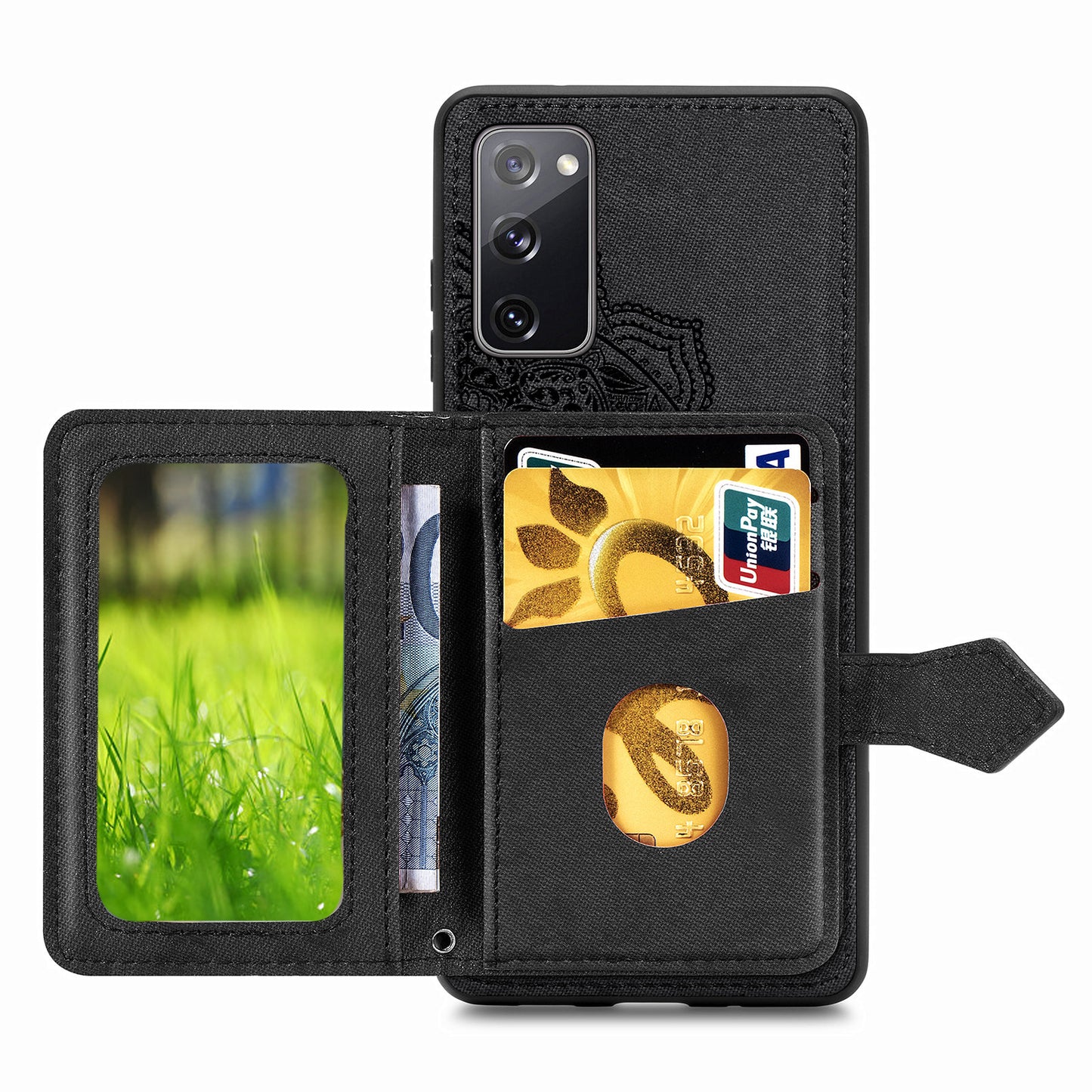 Card Slot Design PU Leather Coated TPU Phone Case with Kickstand and Strap for Samsung Galaxy S20 FE 4G/FE 5G/S20 Lite/S20 FE 2022 - Black