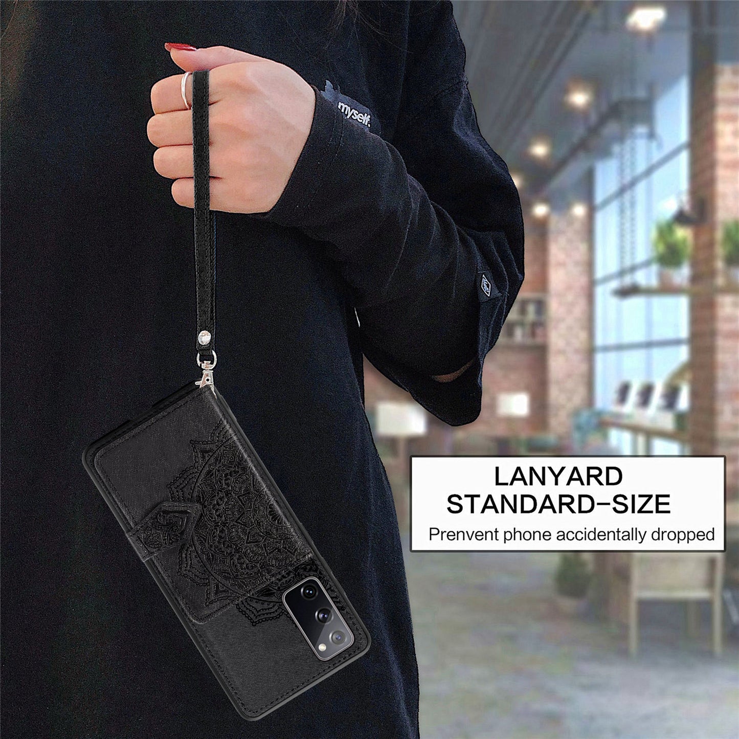 Card Slot Design PU Leather Coated TPU Phone Case with Kickstand and Strap for Samsung Galaxy S20 FE 4G/FE 5G/S20 Lite/S20 FE 2022 - Black