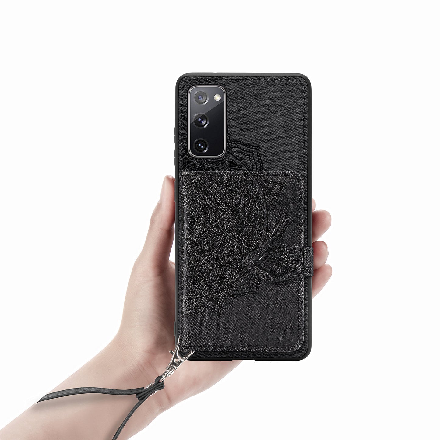 Card Slot Design PU Leather Coated TPU Phone Case with Kickstand and Strap for Samsung Galaxy S20 FE 4G/FE 5G/S20 Lite/S20 FE 2022 - Black