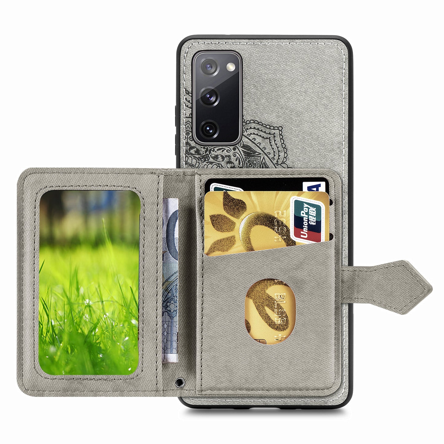 Card Slot Design PU Leather Coated TPU Phone Case with Kickstand and Strap for Samsung Galaxy S20 FE 4G/FE 5G/S20 Lite/S20 FE 2022 - Grey