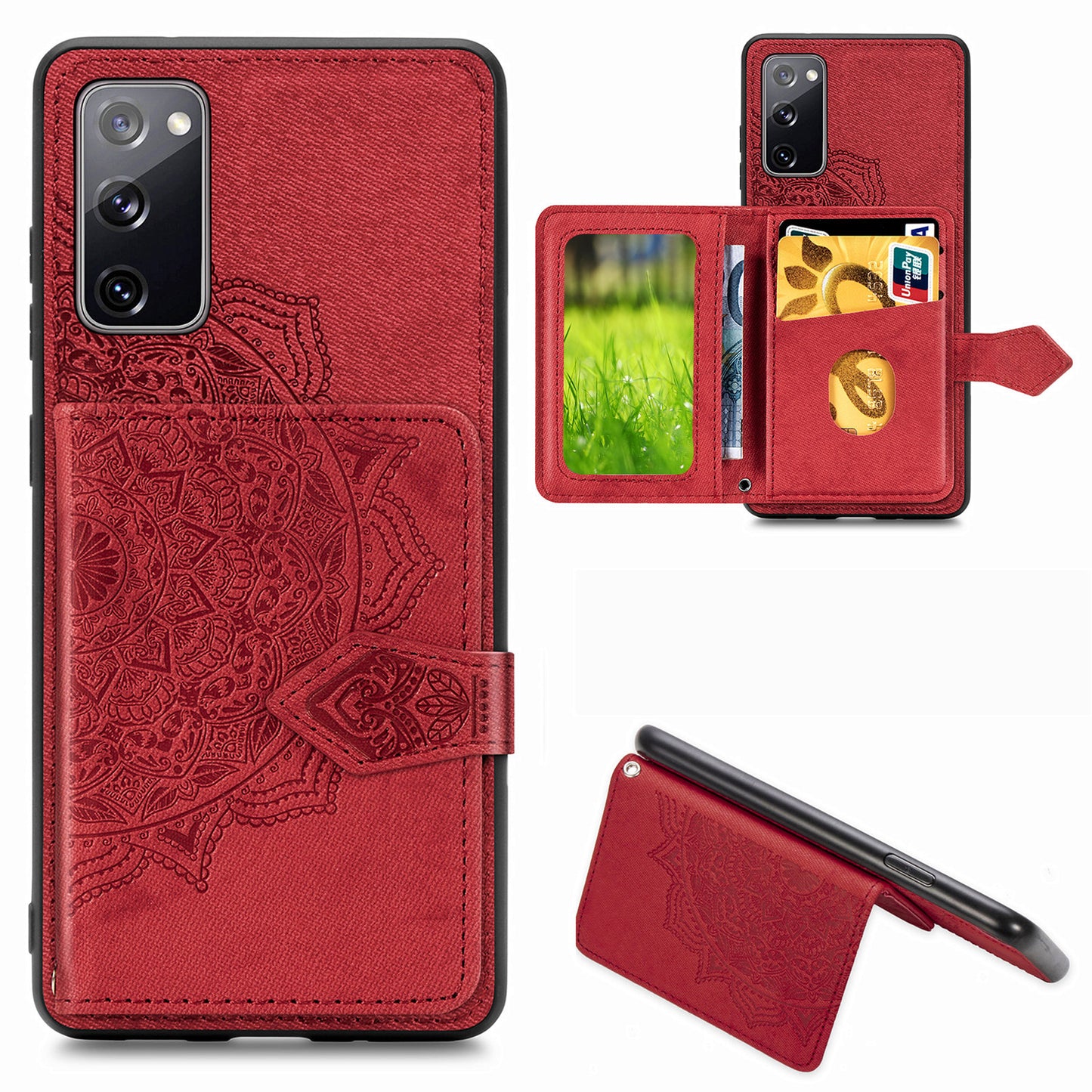 Card Slot Design PU Leather Coated TPU Phone Case with Kickstand and Strap for Samsung Galaxy S20 FE 4G/FE 5G/S20 Lite/S20 FE 2022 - Red
