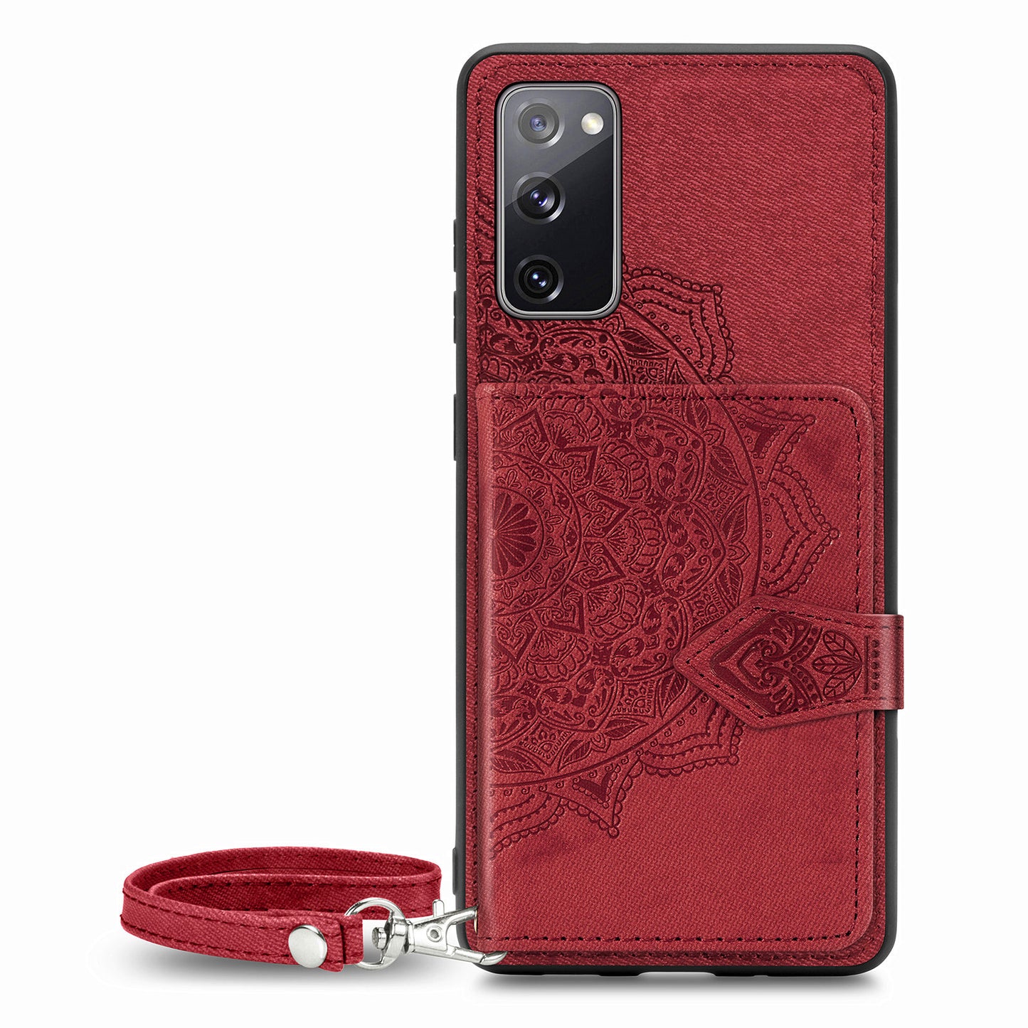Card Slot Design PU Leather Coated TPU Phone Case with Kickstand and Strap for Samsung Galaxy S20 FE 4G/FE 5G/S20 Lite/S20 FE 2022 - Red