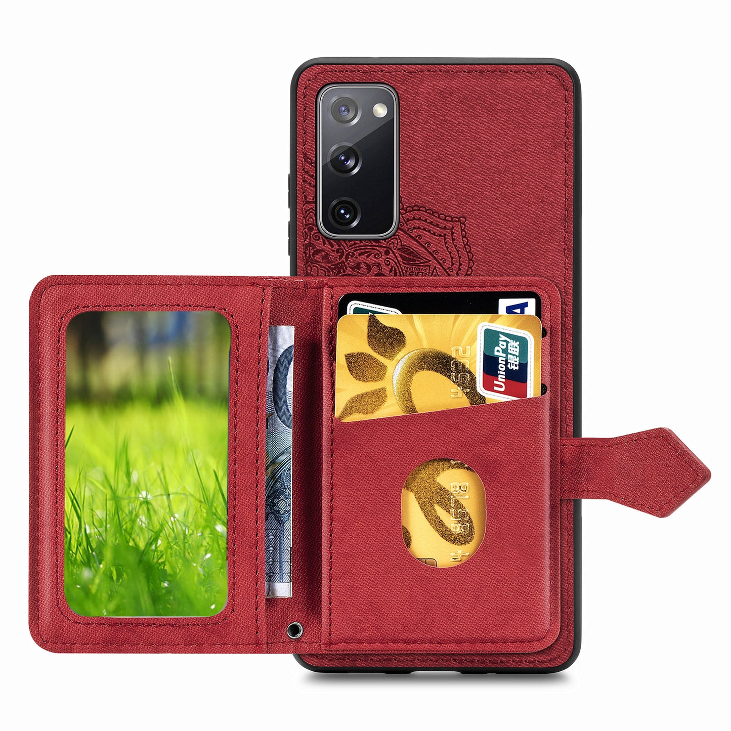 Card Slot Design PU Leather Coated TPU Phone Case with Kickstand and Strap for Samsung Galaxy S20 FE 4G/FE 5G/S20 Lite/S20 FE 2022 - Red