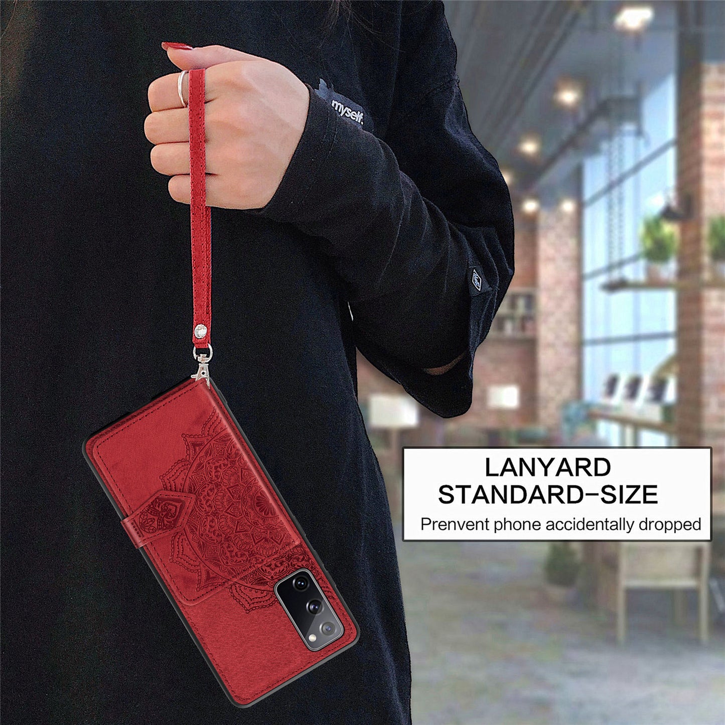 Card Slot Design PU Leather Coated TPU Phone Case with Kickstand and Strap for Samsung Galaxy S20 FE 4G/FE 5G/S20 Lite/S20 FE 2022 - Red