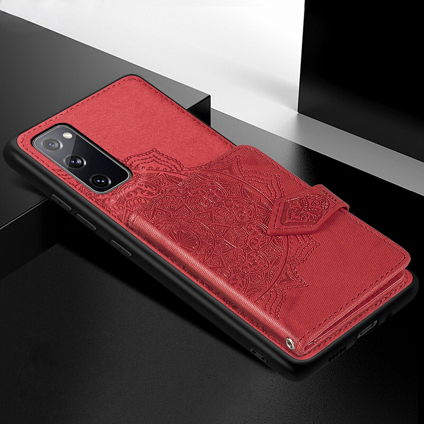 Card Slot Design PU Leather Coated TPU Phone Case with Kickstand and Strap for Samsung Galaxy S20 FE 4G/FE 5G/S20 Lite/S20 FE 2022 - Red
