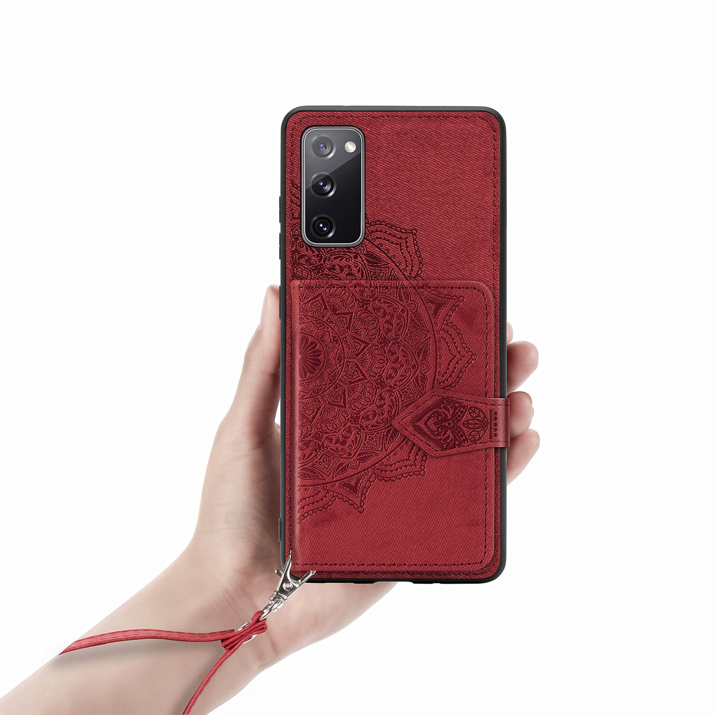 Card Slot Design PU Leather Coated TPU Phone Case with Kickstand and Strap for Samsung Galaxy S20 FE 4G/FE 5G/S20 Lite/S20 FE 2022 - Red