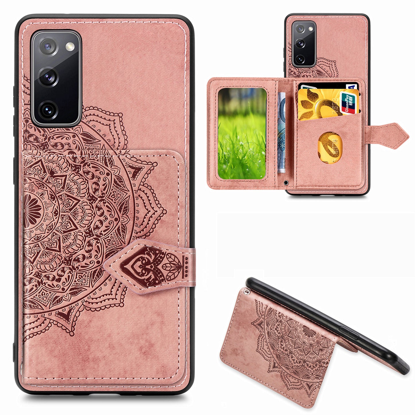 Card Slot Design PU Leather Coated TPU Phone Case with Kickstand and Strap for Samsung Galaxy S20 FE 4G/FE 5G/S20 Lite/S20 FE 2022 - Pink