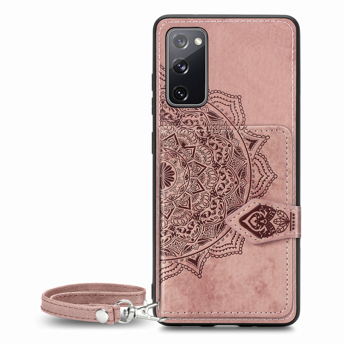 Card Slot Design PU Leather Coated TPU Phone Case with Kickstand and Strap for Samsung Galaxy S20 FE 4G/FE 5G/S20 Lite/S20 FE 2022 - Pink