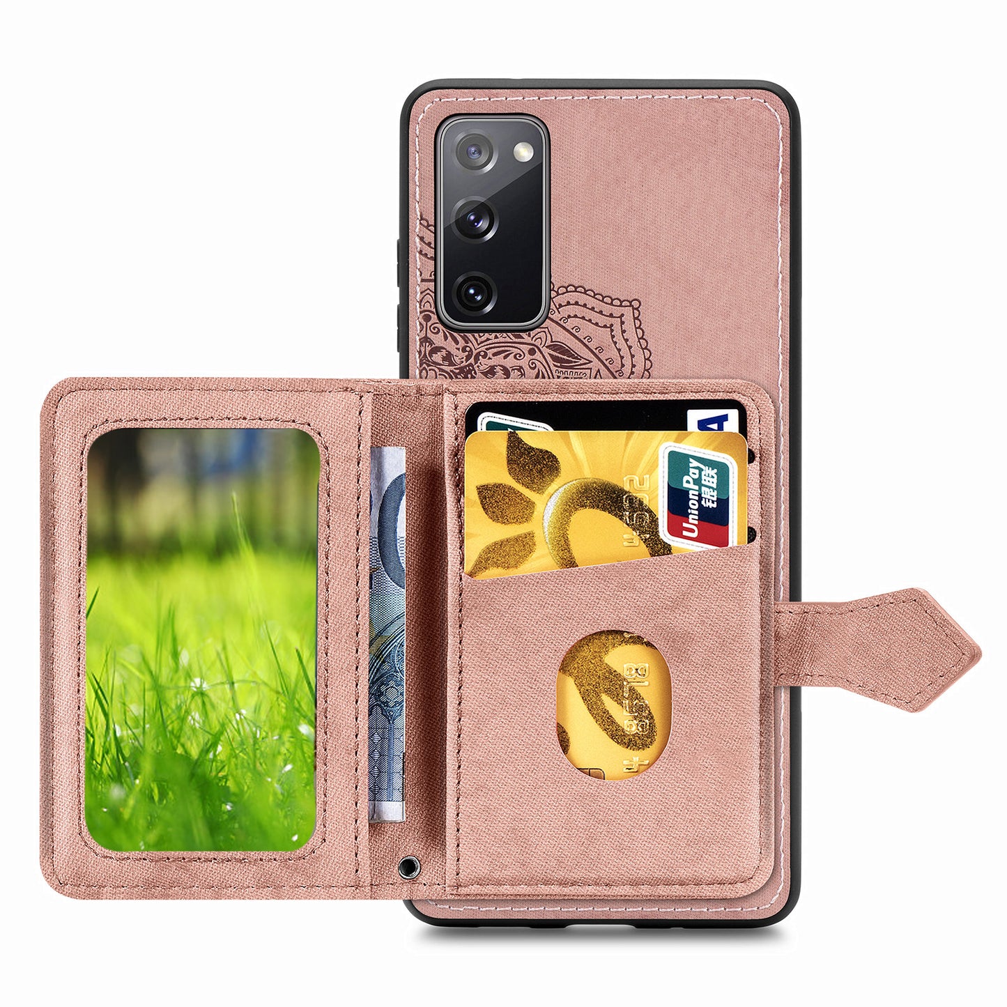 Card Slot Design PU Leather Coated TPU Phone Case with Kickstand and Strap for Samsung Galaxy S20 FE 4G/FE 5G/S20 Lite/S20 FE 2022 - Pink