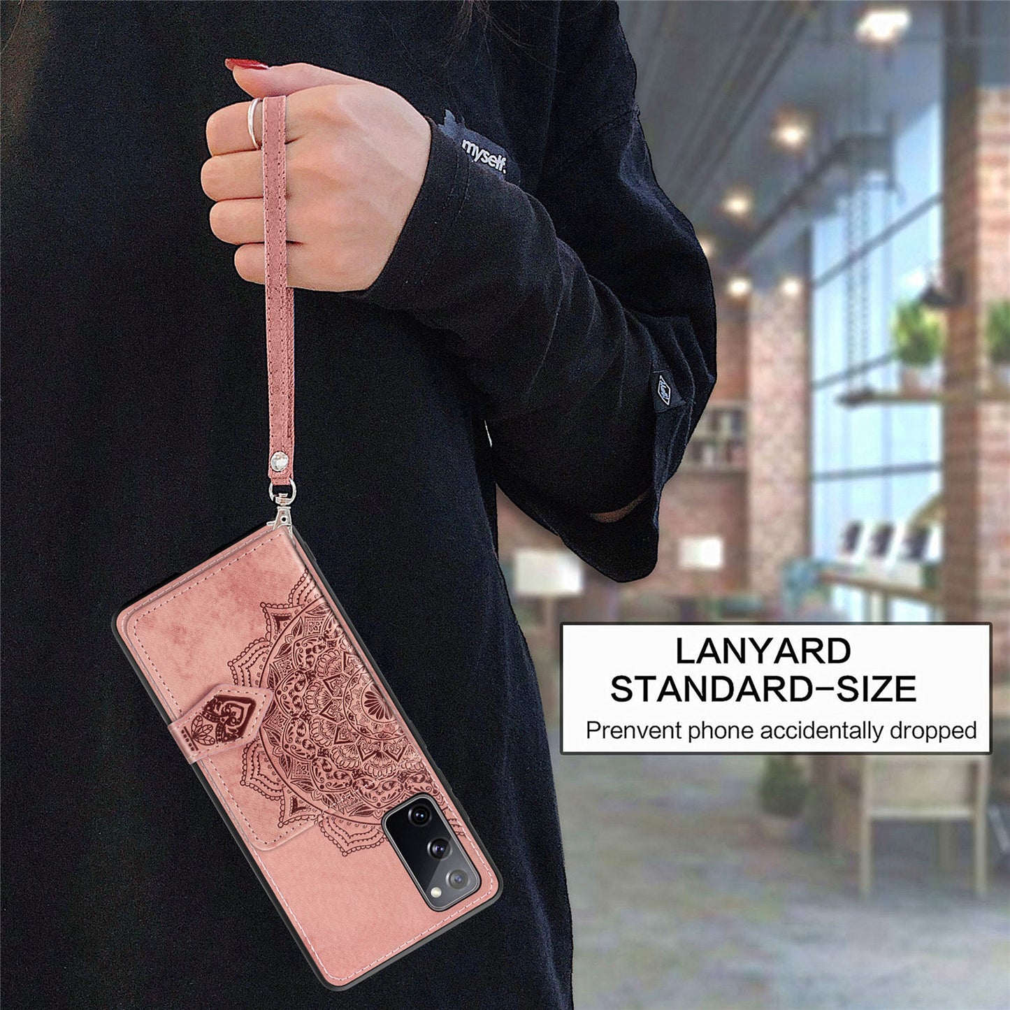 Card Slot Design PU Leather Coated TPU Phone Case with Kickstand and Strap for Samsung Galaxy S20 FE 4G/FE 5G/S20 Lite/S20 FE 2022 - Pink