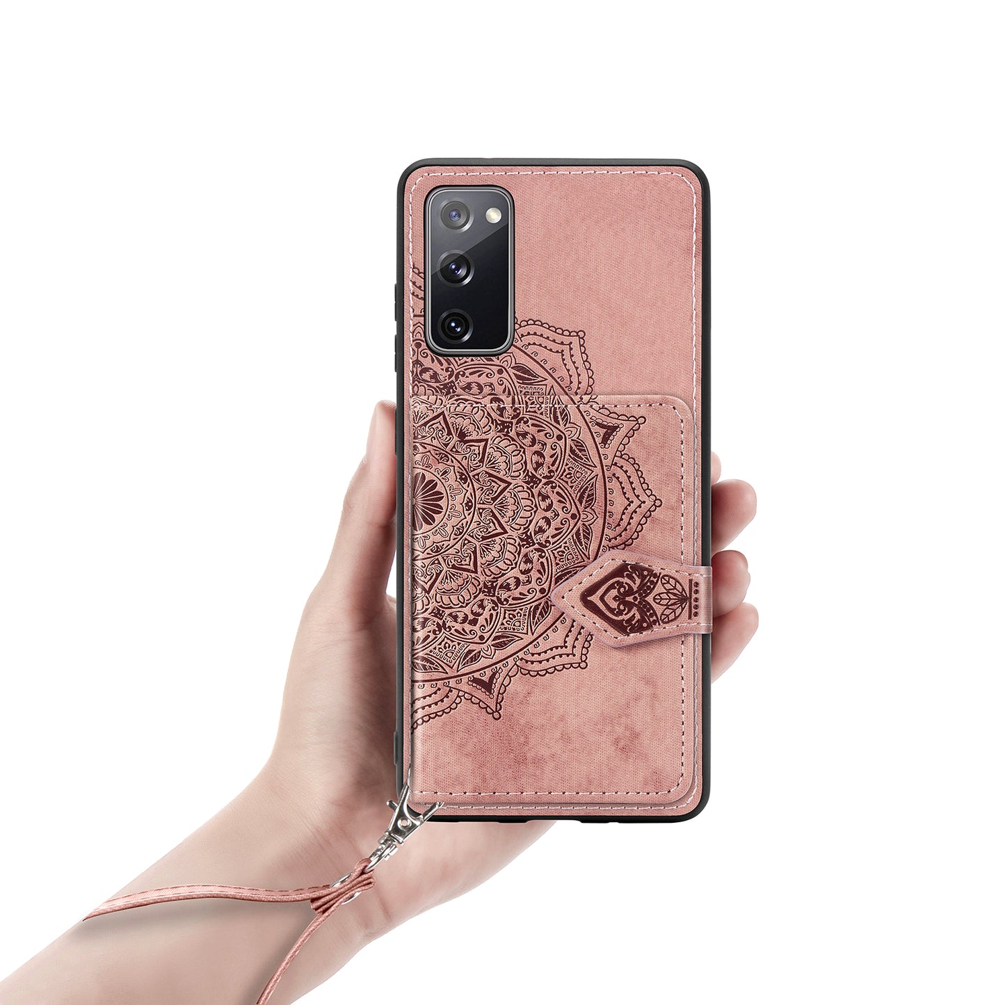 Card Slot Design PU Leather Coated TPU Phone Case with Kickstand and Strap for Samsung Galaxy S20 FE 4G/FE 5G/S20 Lite/S20 FE 2022 - Pink