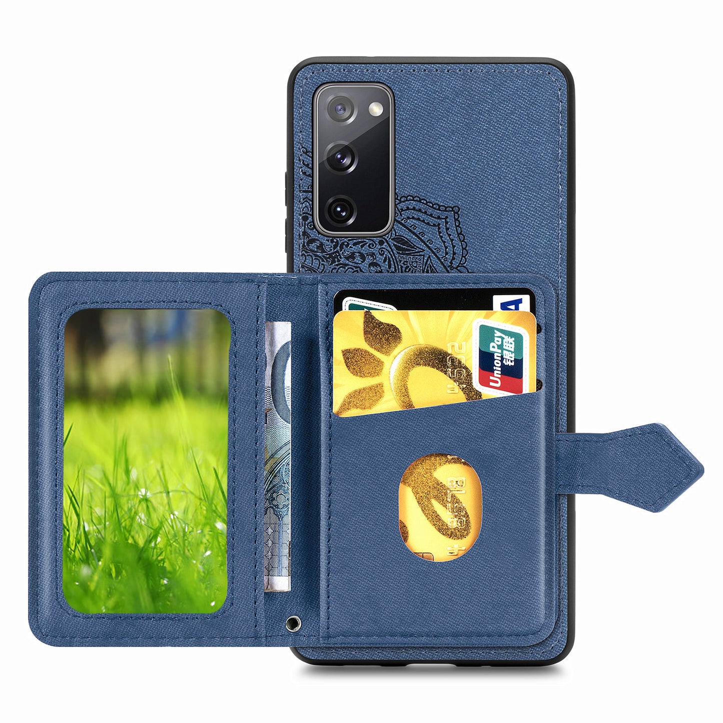 Card Slot Design PU Leather Coated TPU Phone Case with Kickstand and Strap for Samsung Galaxy S20 FE 4G/FE 5G/S20 Lite/S20 FE 2022 - Blue