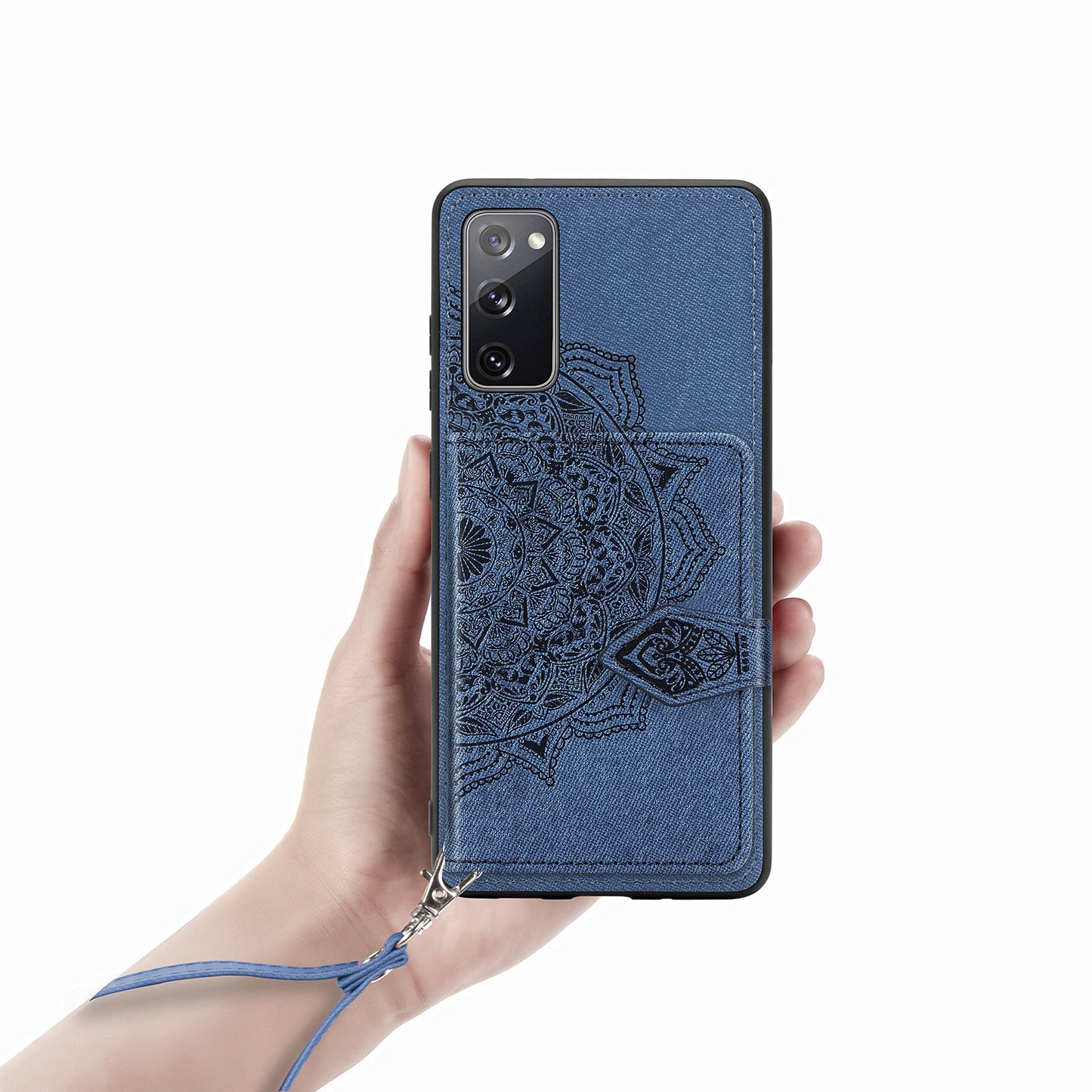 Card Slot Design PU Leather Coated TPU Phone Case with Kickstand and Strap for Samsung Galaxy S20 FE 4G/FE 5G/S20 Lite/S20 FE 2022 - Blue