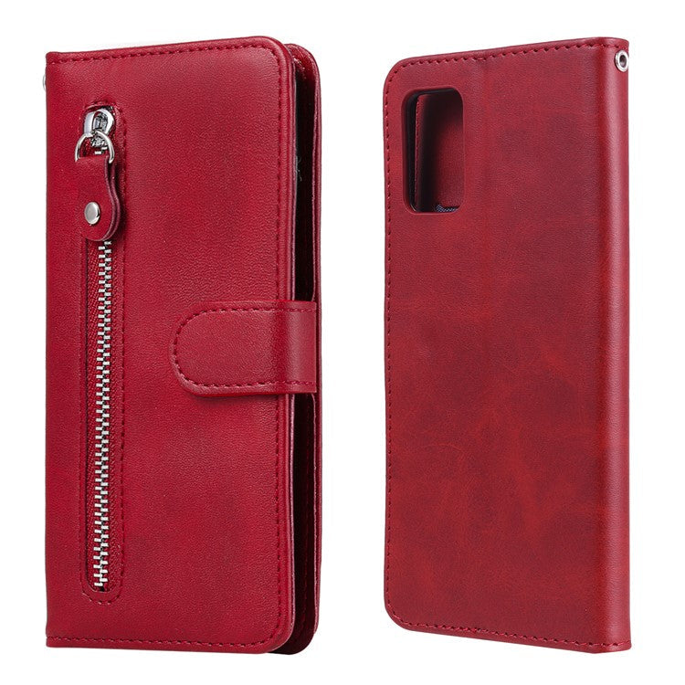 Zipper Pocket Leather Wallet Stand Case for Samsung Galaxy A02s (164.2x75.9x9.1mm) - Red
