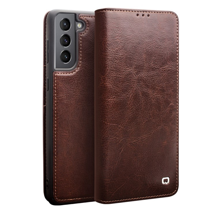 QIALINO For Samsung Galaxy S21 Plus 5G Wallet Design Folio Flip Genuine Leather Phone Cover - Brown