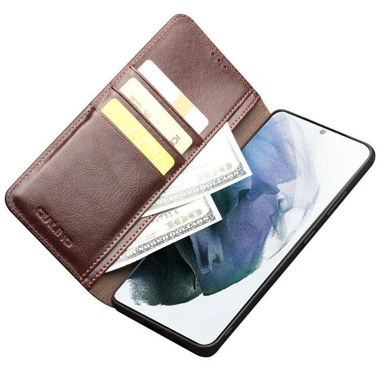 QIALINO For Samsung Galaxy S21 Plus 5G Wallet Design Folio Flip Genuine Leather Phone Cover - Brown