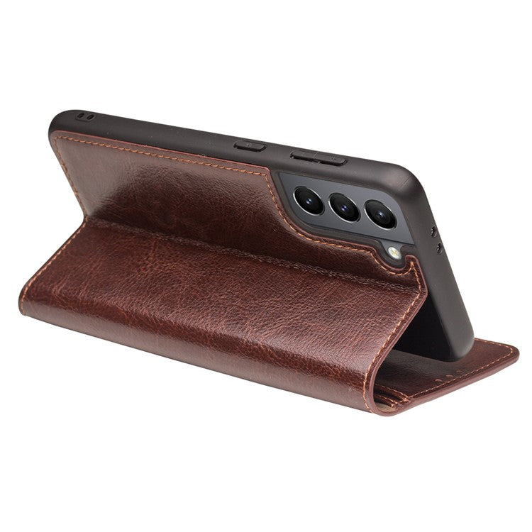 QIALINO For Samsung Galaxy S21 Plus 5G Wallet Design Folio Flip Genuine Leather Phone Cover - Brown