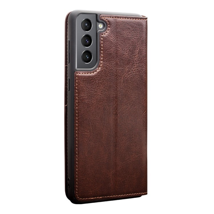 QIALINO For Samsung Galaxy S21 Plus 5G Wallet Design Folio Flip Genuine Leather Phone Cover - Brown