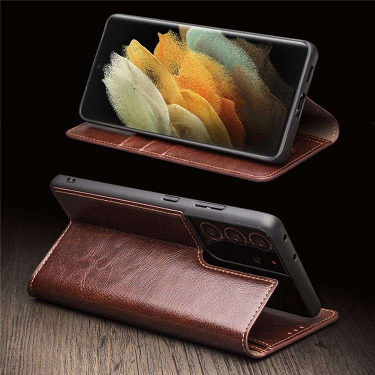 QIALINO For Samsung Galaxy S21 Plus 5G Wallet Design Folio Flip Genuine Leather Phone Cover - Brown