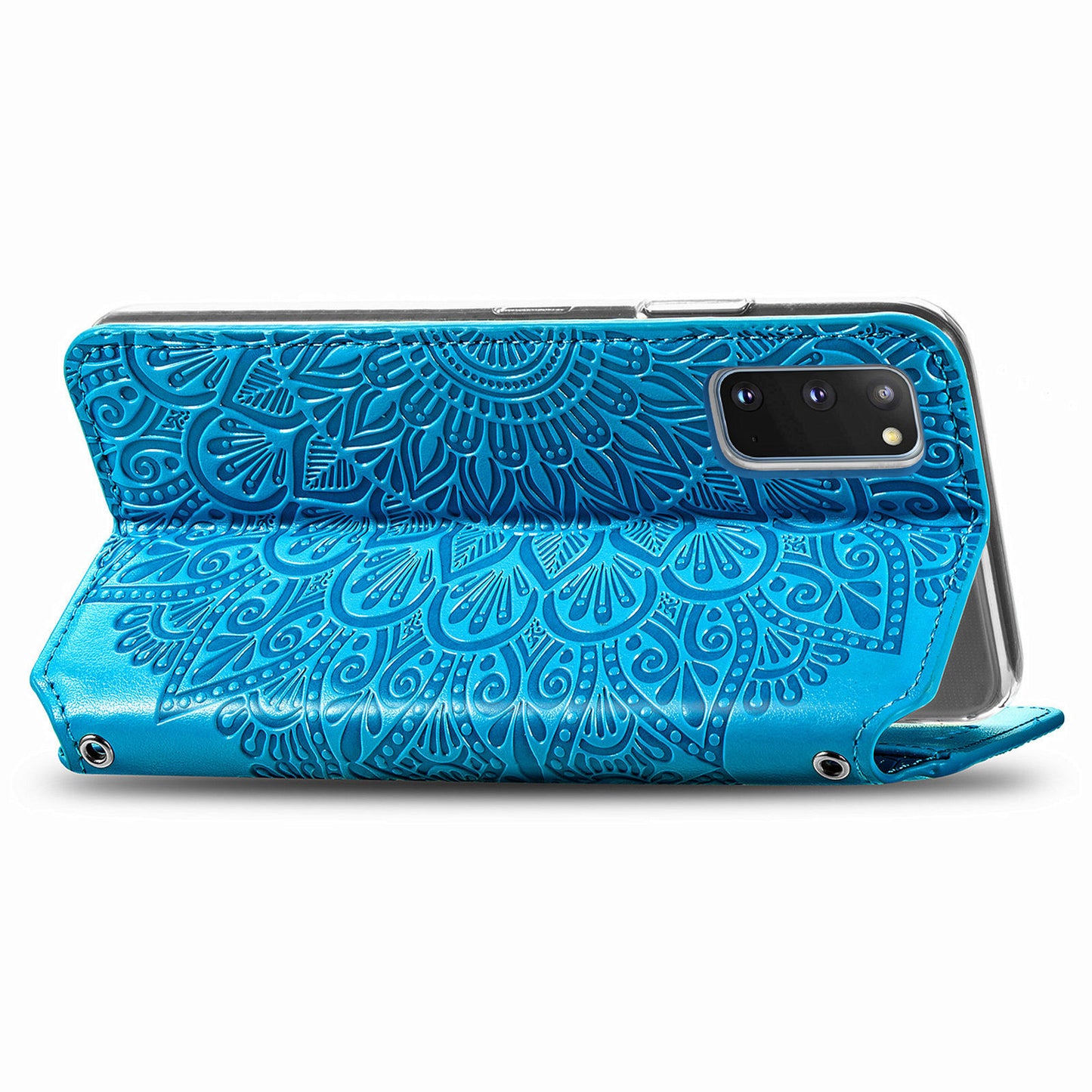 Imprinted Mandala Flower Pattern Auto-absorbed PU Leather Case Stand Wallet for Samsung Galaxy S20 4G/S20 5G - Blue