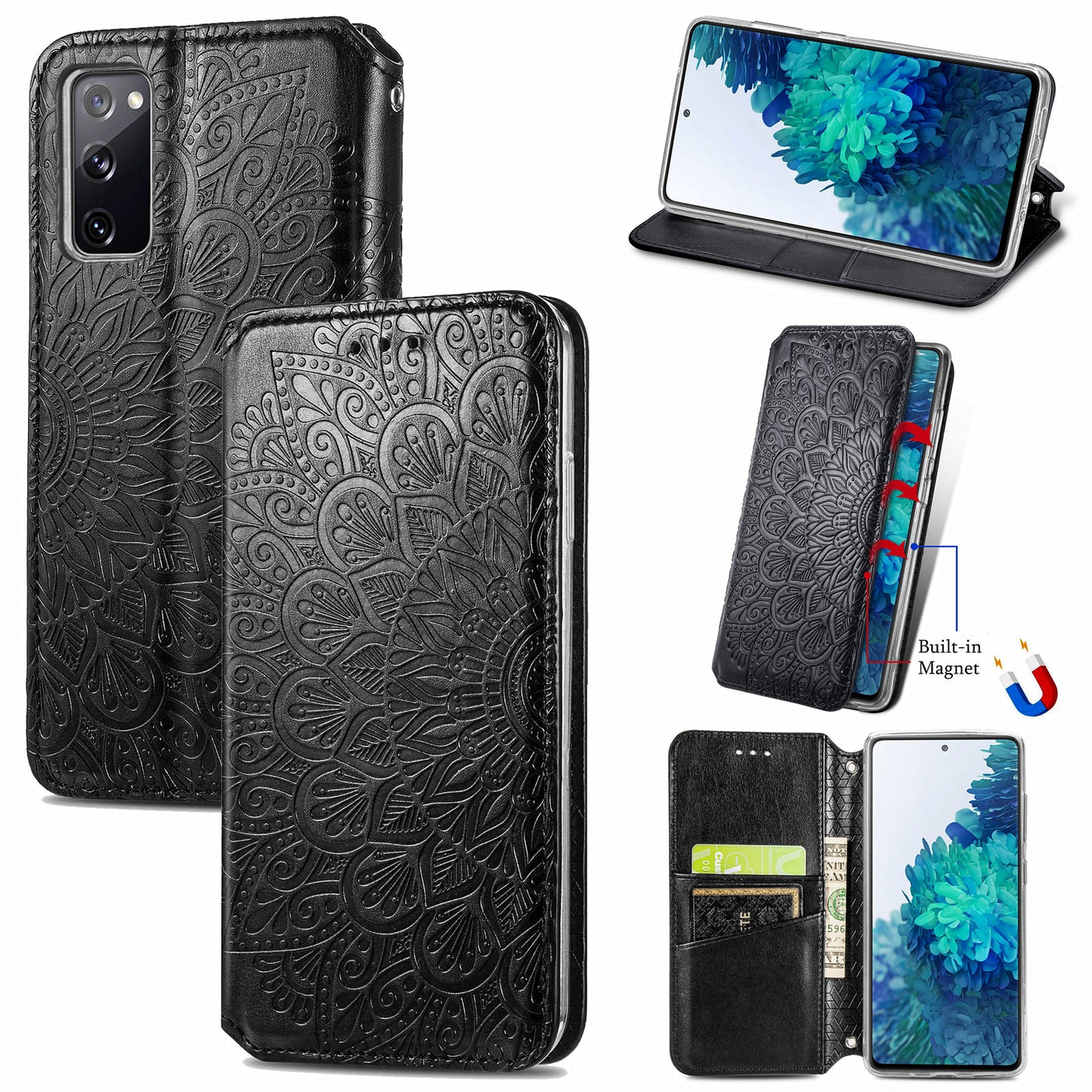 Stand Wallet Design Imprinted Mandala Flower Pattern Auto-absorbed PU Leather Case for Samsung Galaxy S20 FE 4G/FE 5G/S20 Lite/S20 FE 2022 - Black