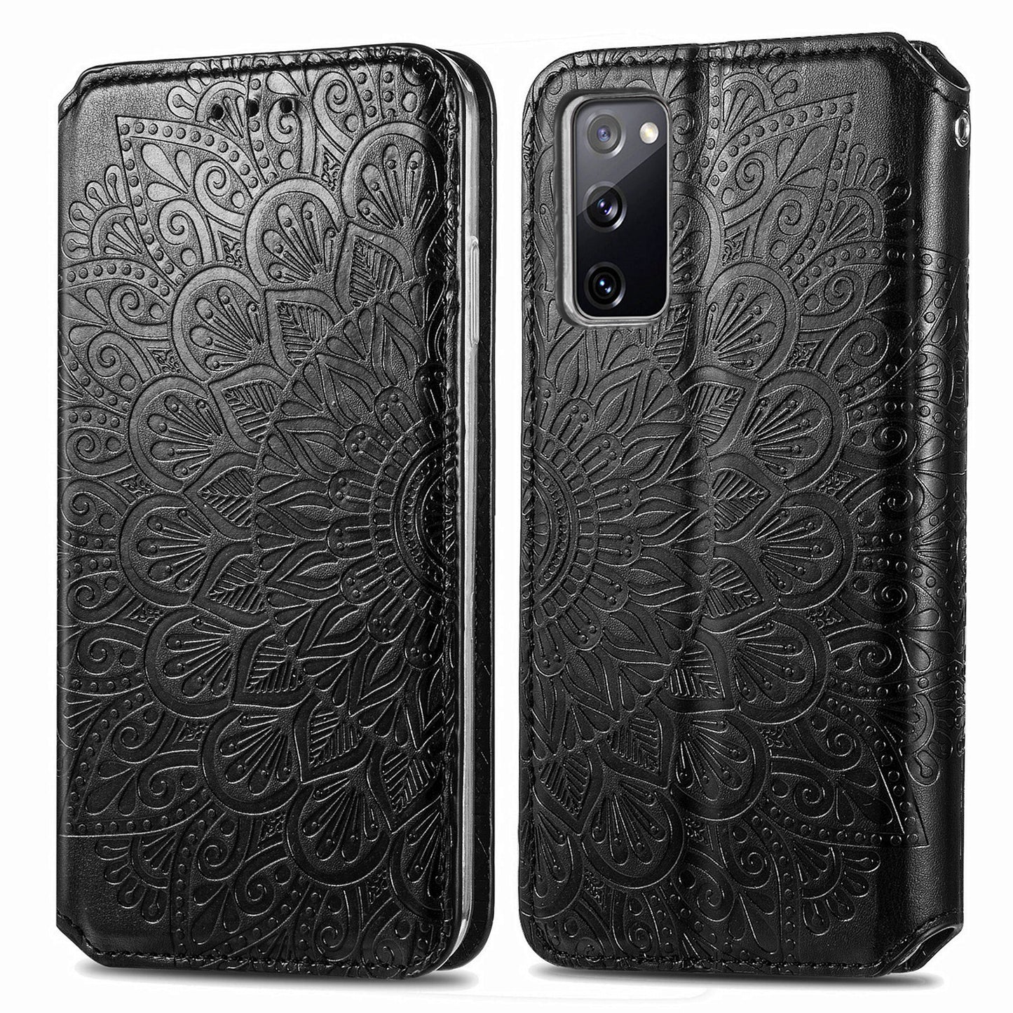 Stand Wallet Design Imprinted Mandala Flower Pattern Auto-absorbed PU Leather Case for Samsung Galaxy S20 FE 4G/FE 5G/S20 Lite/S20 FE 2022 - Black