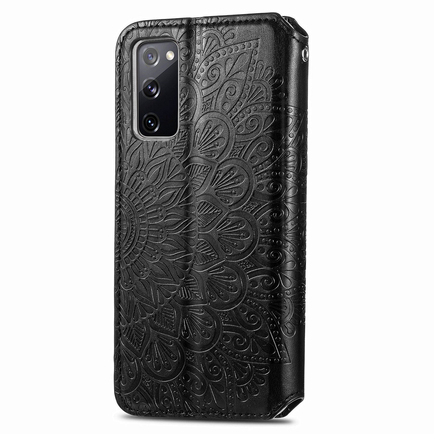 Stand Wallet Design Imprinted Mandala Flower Pattern Auto-absorbed PU Leather Case for Samsung Galaxy S20 FE 4G/FE 5G/S20 Lite/S20 FE 2022 - Black