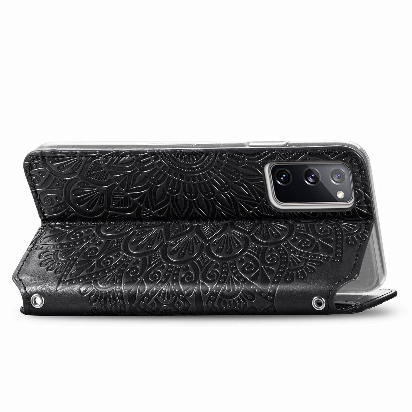 Stand Wallet Design Imprinted Mandala Flower Pattern Auto-absorbed PU Leather Case for Samsung Galaxy S20 FE 4G/FE 5G/S20 Lite/S20 FE 2022 - Black