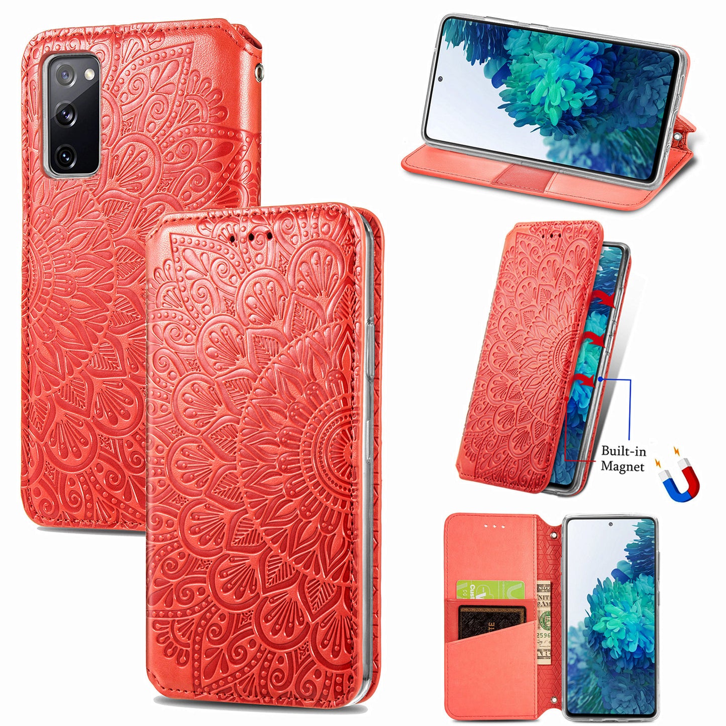 Stand Wallet Design Imprinted Mandala Flower Pattern Auto-absorbed PU Leather Case for Samsung Galaxy S20 FE 4G/FE 5G/S20 Lite/S20 FE 2022 - Red