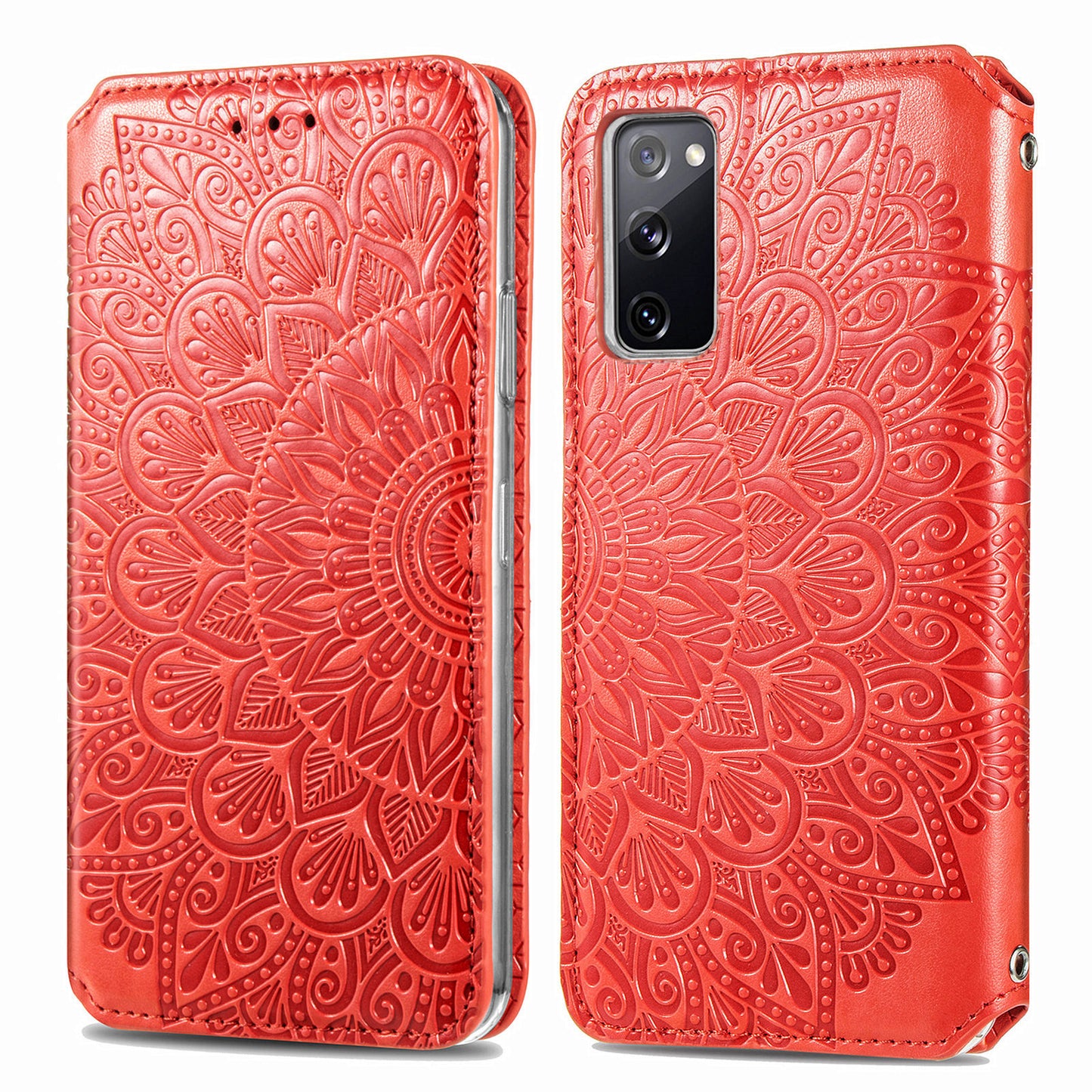 Stand Wallet Design Imprinted Mandala Flower Pattern Auto-absorbed PU Leather Case for Samsung Galaxy S20 FE 4G/FE 5G/S20 Lite/S20 FE 2022 - Red