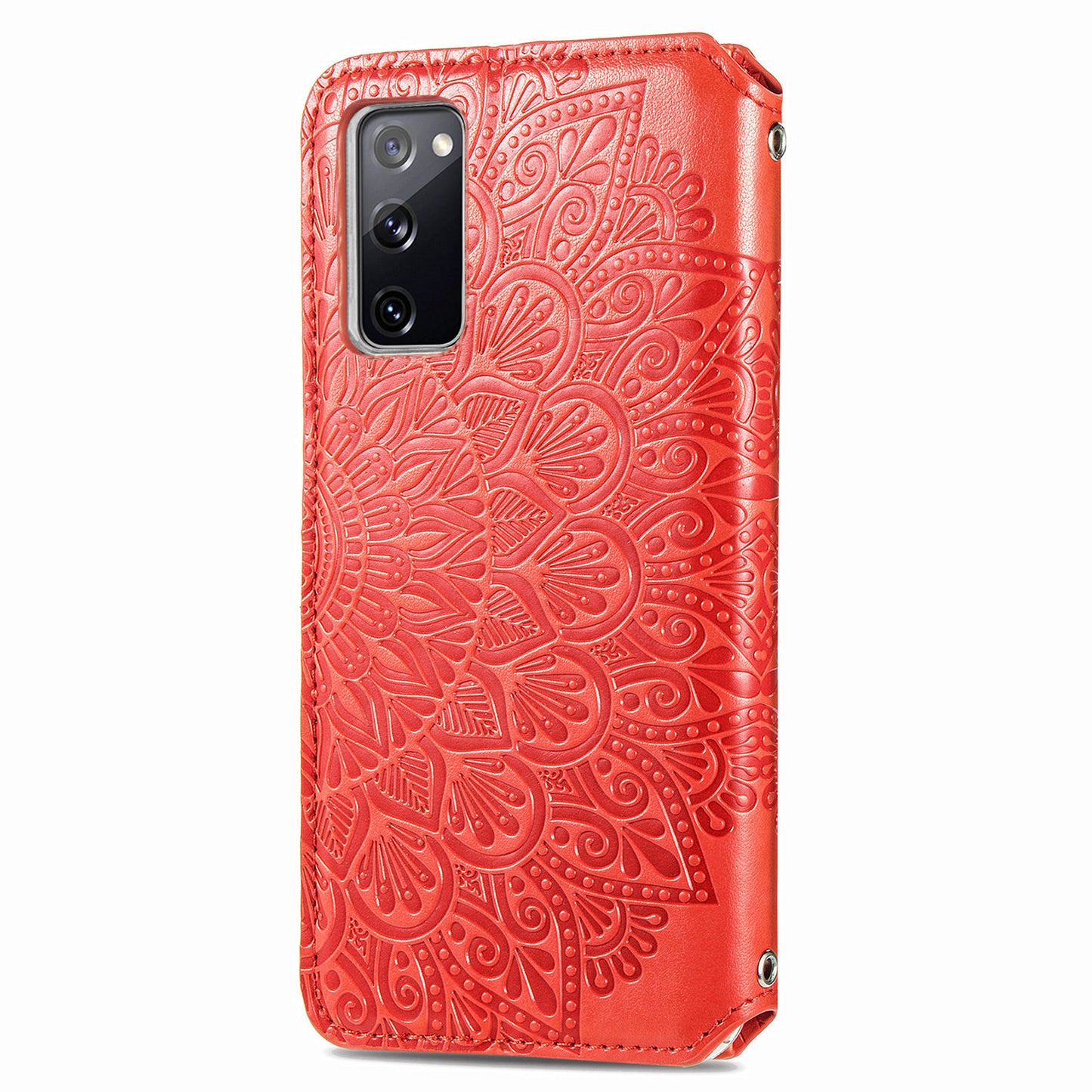 Stand Wallet Design Imprinted Mandala Flower Pattern Auto-absorbed PU Leather Case for Samsung Galaxy S20 FE 4G/FE 5G/S20 Lite/S20 FE 2022 - Red