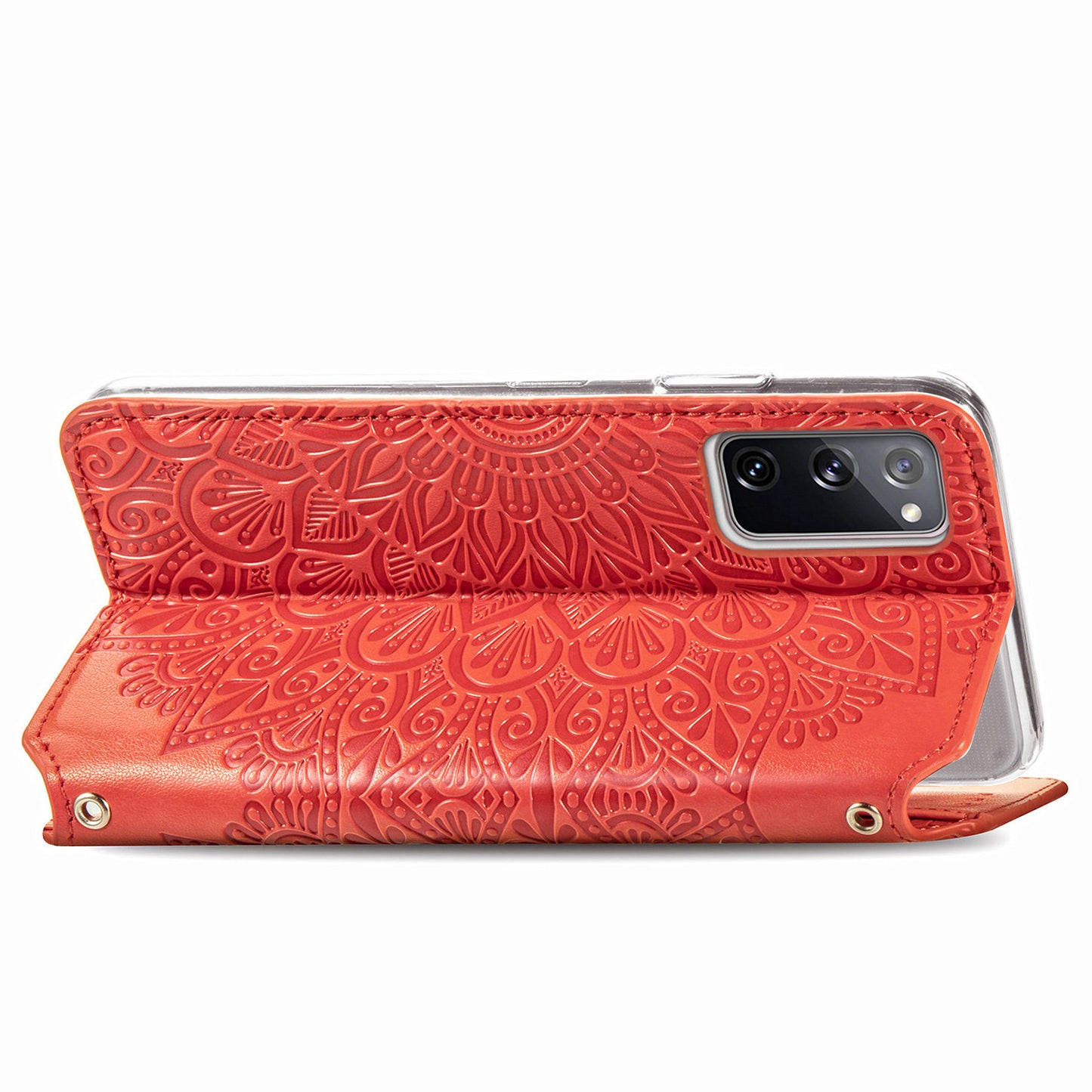 Stand Wallet Design Imprinted Mandala Flower Pattern Auto-absorbed PU Leather Case for Samsung Galaxy S20 FE 4G/FE 5G/S20 Lite/S20 FE 2022 - Red
