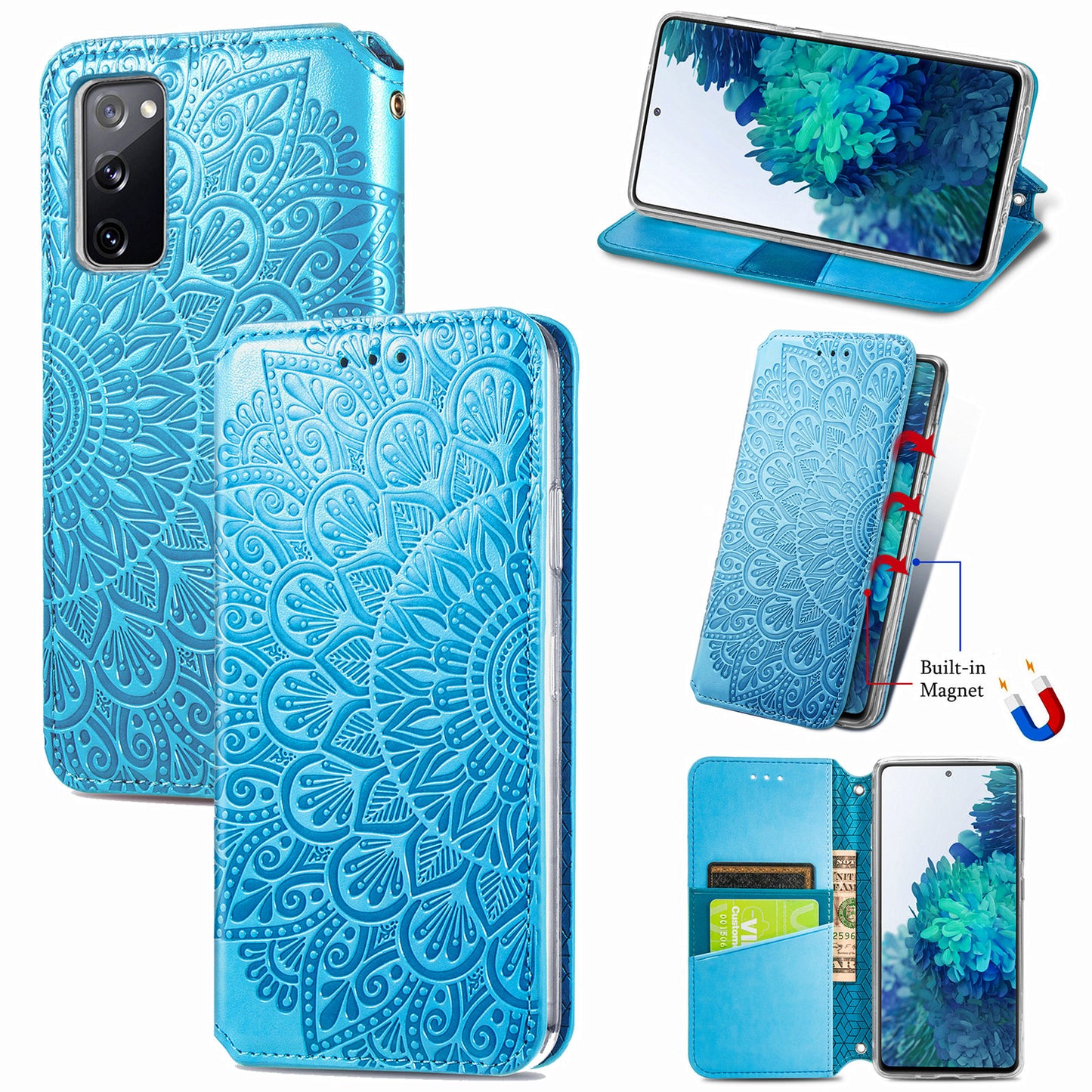 Stand Wallet Design Imprinted Mandala Flower Pattern Auto-absorbed PU Leather Case for Samsung Galaxy S20 FE 4G/FE 5G/S20 Lite/S20 FE 2022 - Blue