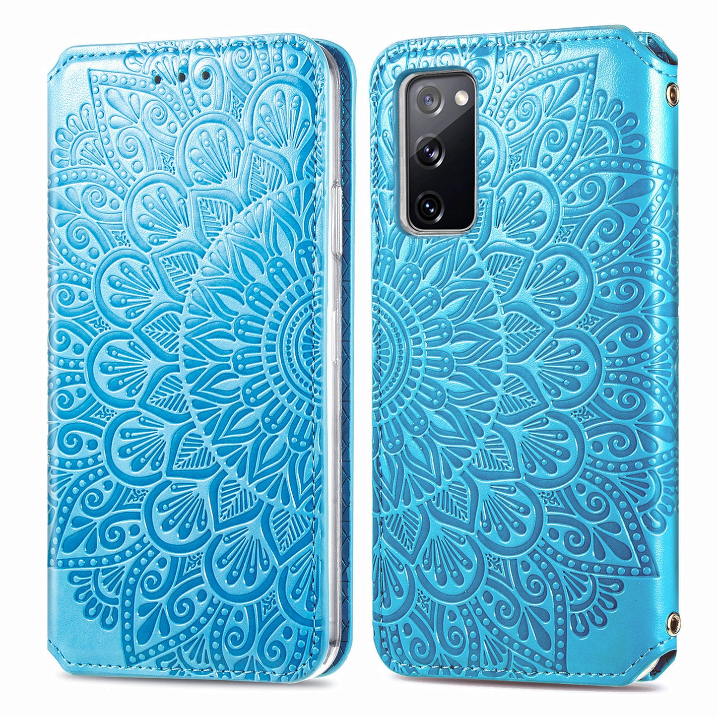 Stand Wallet Design Imprinted Mandala Flower Pattern Auto-absorbed PU Leather Case for Samsung Galaxy S20 FE 4G/FE 5G/S20 Lite/S20 FE 2022 - Blue