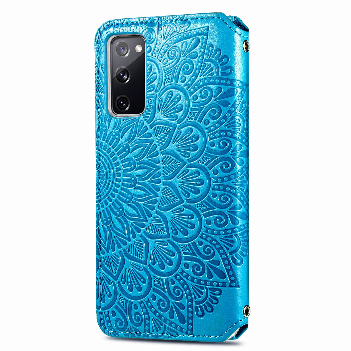 Stand Wallet Design Imprinted Mandala Flower Pattern Auto-absorbed PU Leather Case for Samsung Galaxy S20 FE 4G/FE 5G/S20 Lite/S20 FE 2022 - Blue