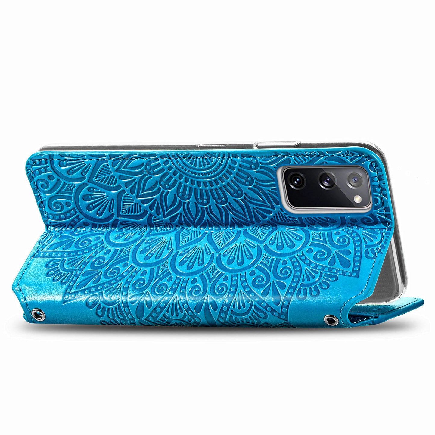 Stand Wallet Design Imprinted Mandala Flower Pattern Auto-absorbed PU Leather Case for Samsung Galaxy S20 FE 4G/FE 5G/S20 Lite/S20 FE 2022 - Blue
