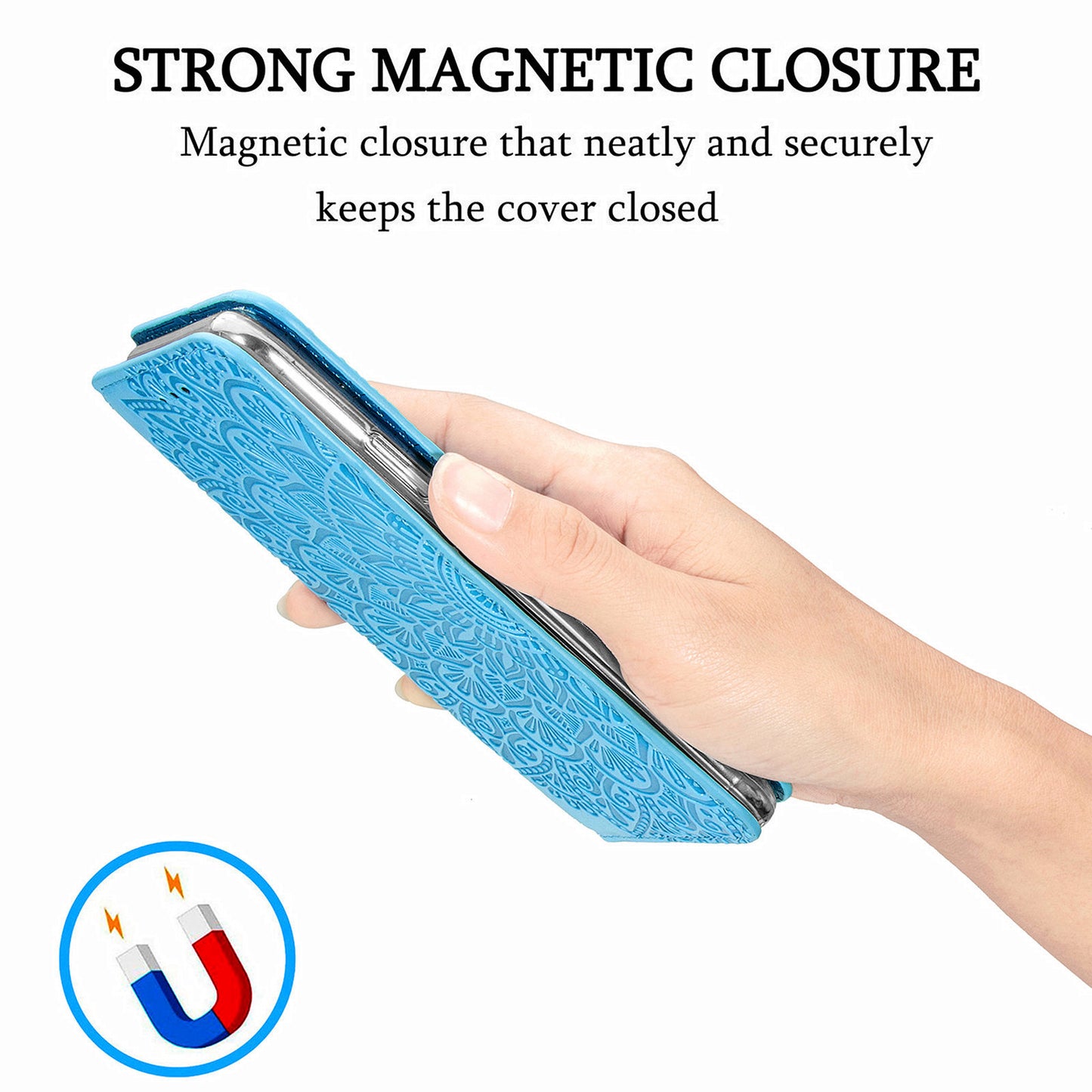 Stand Wallet Design Imprinted Mandala Flower Pattern Auto-absorbed PU Leather Case for Samsung Galaxy S20 FE 4G/FE 5G/S20 Lite/S20 FE 2022 - Blue