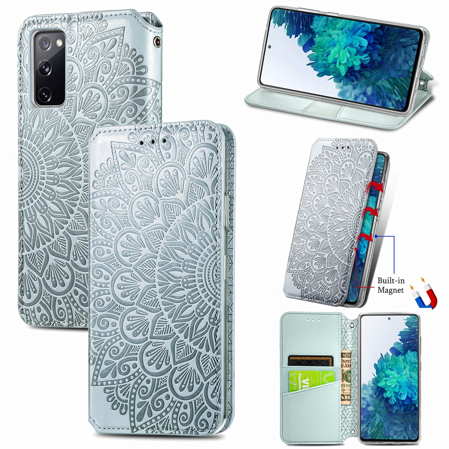 Stand Wallet Design Imprinted Mandala Flower Pattern Auto-absorbed PU Leather Case for Samsung Galaxy S20 FE 4G/FE 5G/S20 Lite/S20 FE 2022 - Grey