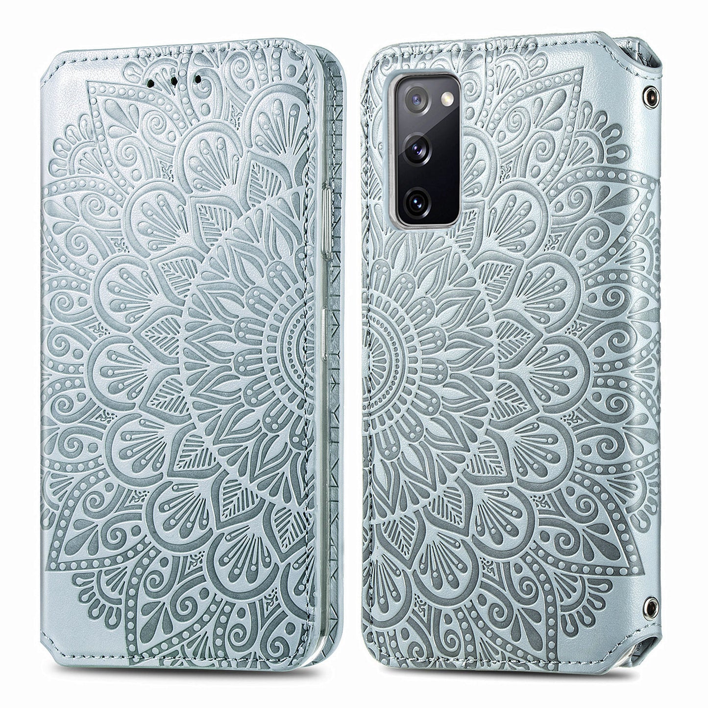Stand Wallet Design Imprinted Mandala Flower Pattern Auto-absorbed PU Leather Case for Samsung Galaxy S20 FE 4G/FE 5G/S20 Lite/S20 FE 2022 - Grey