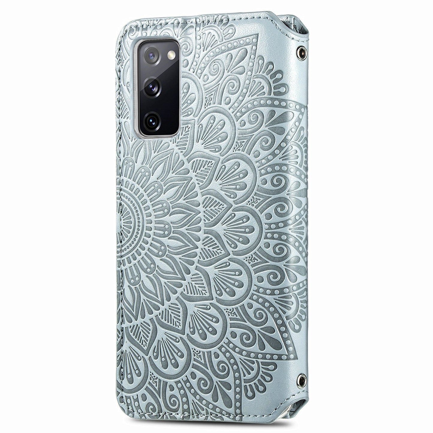 Stand Wallet Design Imprinted Mandala Flower Pattern Auto-absorbed PU Leather Case for Samsung Galaxy S20 FE 4G/FE 5G/S20 Lite/S20 FE 2022 - Grey