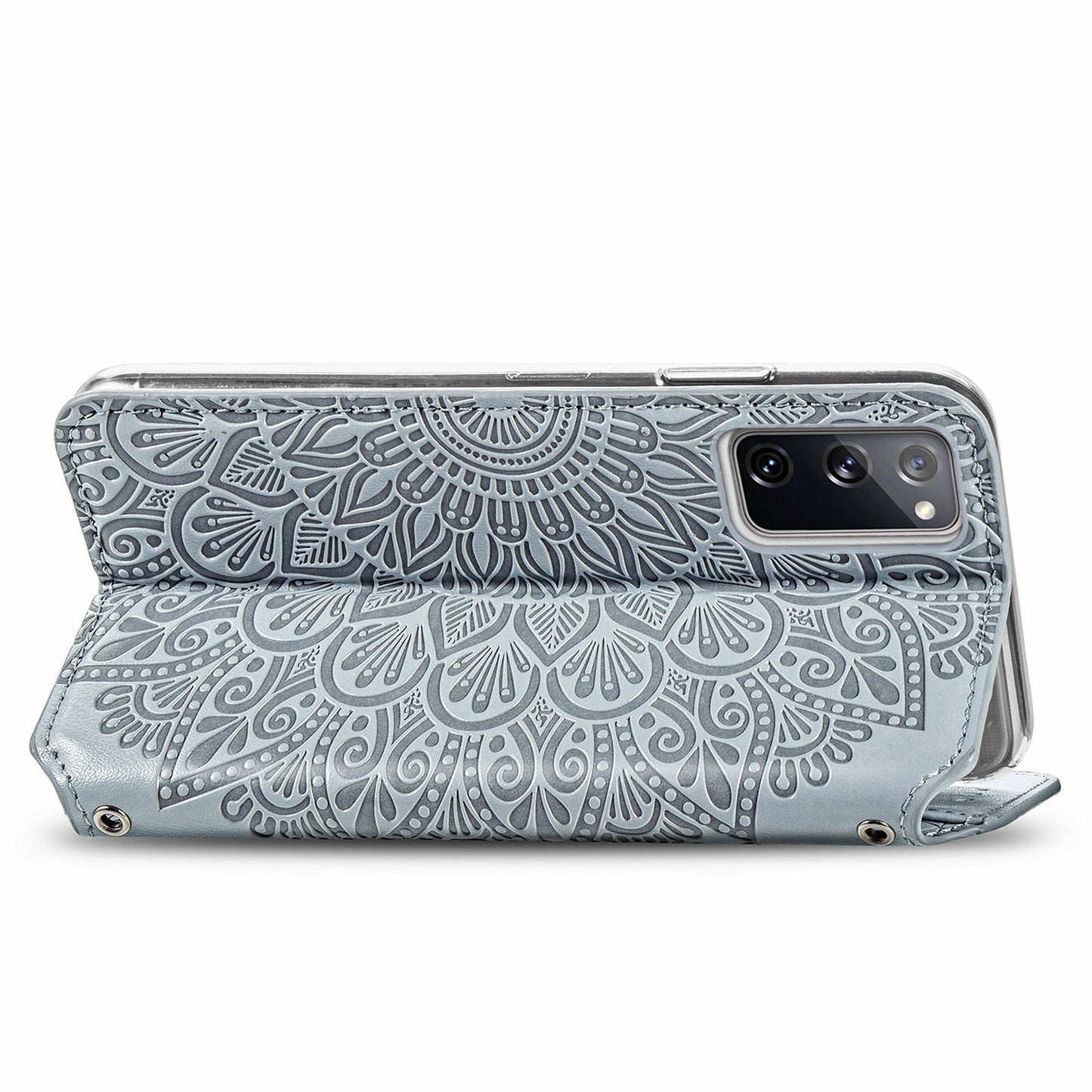 Stand Wallet Design Imprinted Mandala Flower Pattern Auto-absorbed PU Leather Case for Samsung Galaxy S20 FE 4G/FE 5G/S20 Lite/S20 FE 2022 - Grey