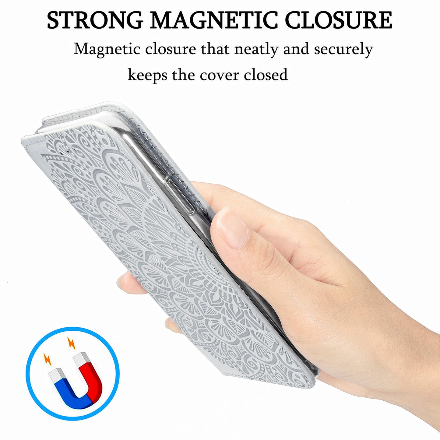 Stand Wallet Design Imprinted Mandala Flower Pattern Auto-absorbed PU Leather Case for Samsung Galaxy S20 FE 4G/FE 5G/S20 Lite/S20 FE 2022 - Grey