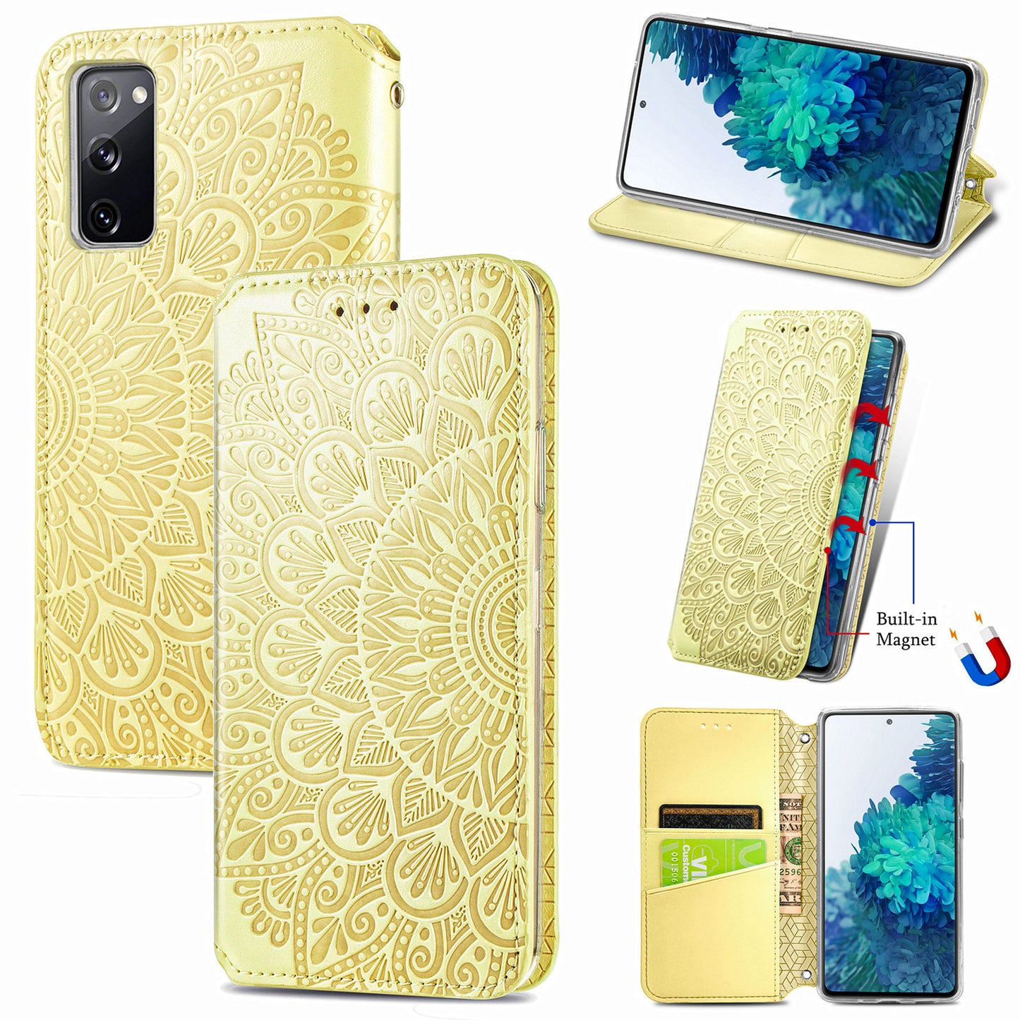 Stand Wallet Design Imprinted Mandala Flower Pattern Auto-absorbed PU Leather Case for Samsung Galaxy S20 FE 4G/FE 5G/S20 Lite/S20 FE 2022 - Yellow