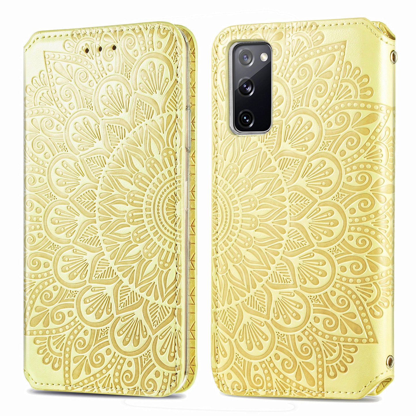 Stand Wallet Design Imprinted Mandala Flower Pattern Auto-absorbed PU Leather Case for Samsung Galaxy S20 FE 4G/FE 5G/S20 Lite/S20 FE 2022 - Yellow